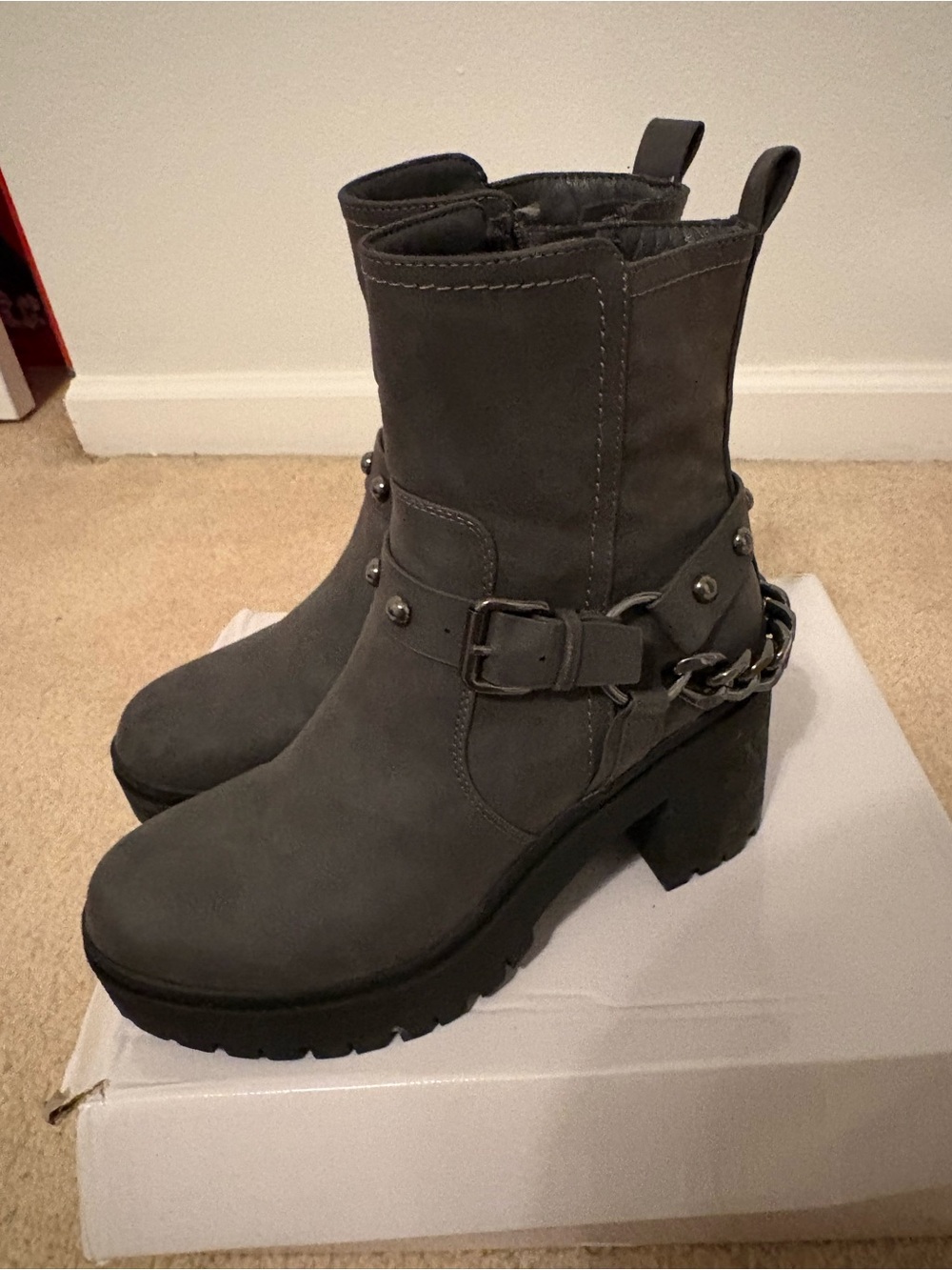 Nine West Gray Suede-Look Chunky Heel Ankle Boots with Chain Accent